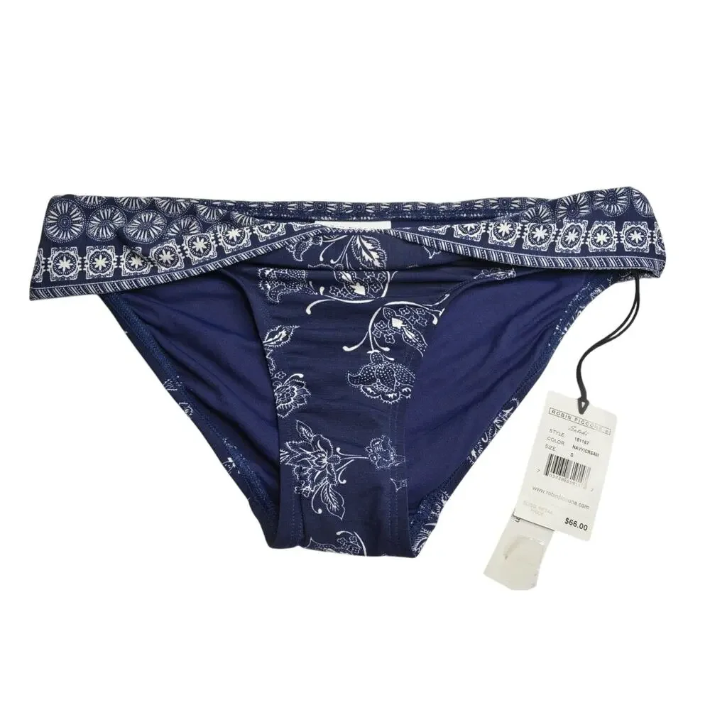 ROBIN PICCONE Women's Dark Navy & White Shirred Paisley Print Bikini Bottoms